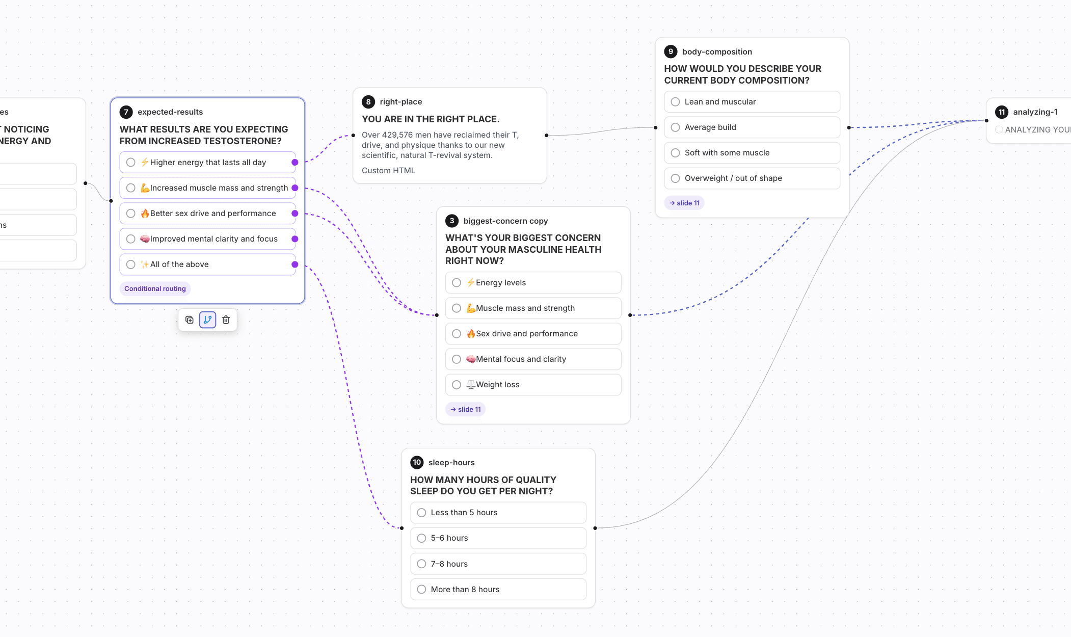 QuizLanding conditional routing flow with branches connecting quiz questions to different paths