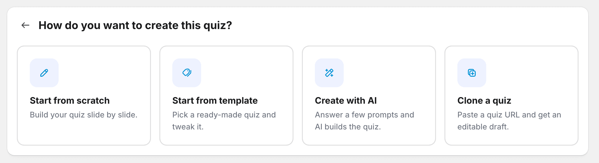 The QuizLanding new-quiz picker: start from scratch, start from template, create with AI, or clone a quiz