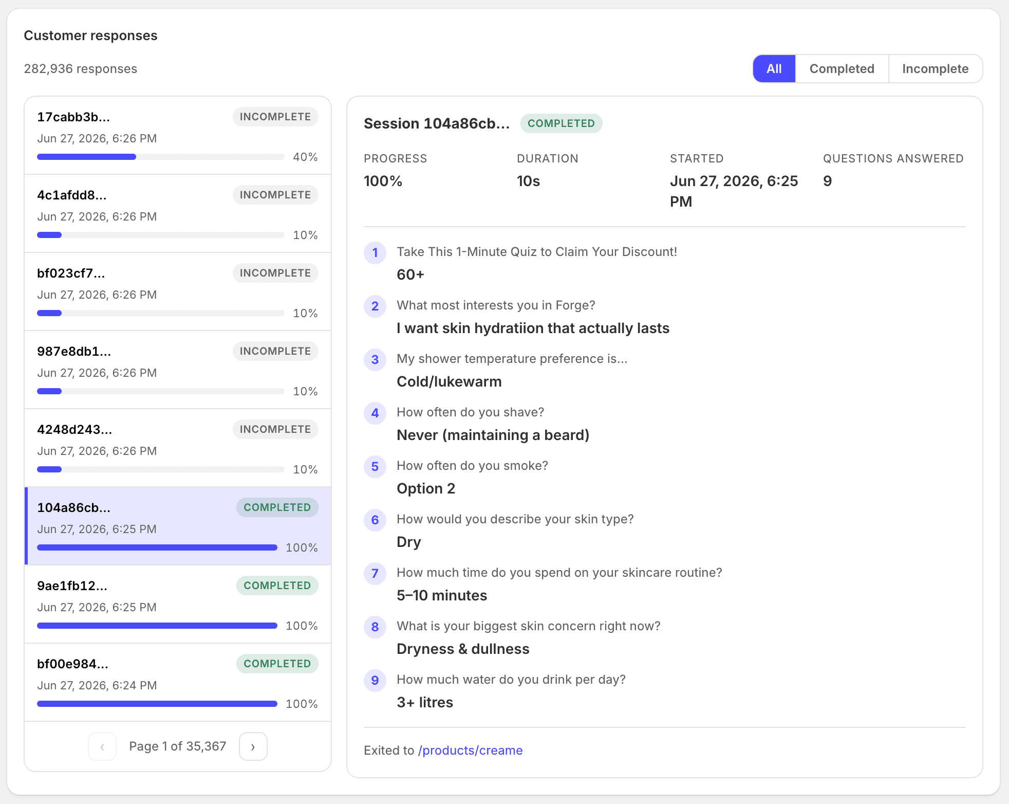 QuizLanding customer responses: a list of quiz sessions and the full answer-by-answer detail for one session