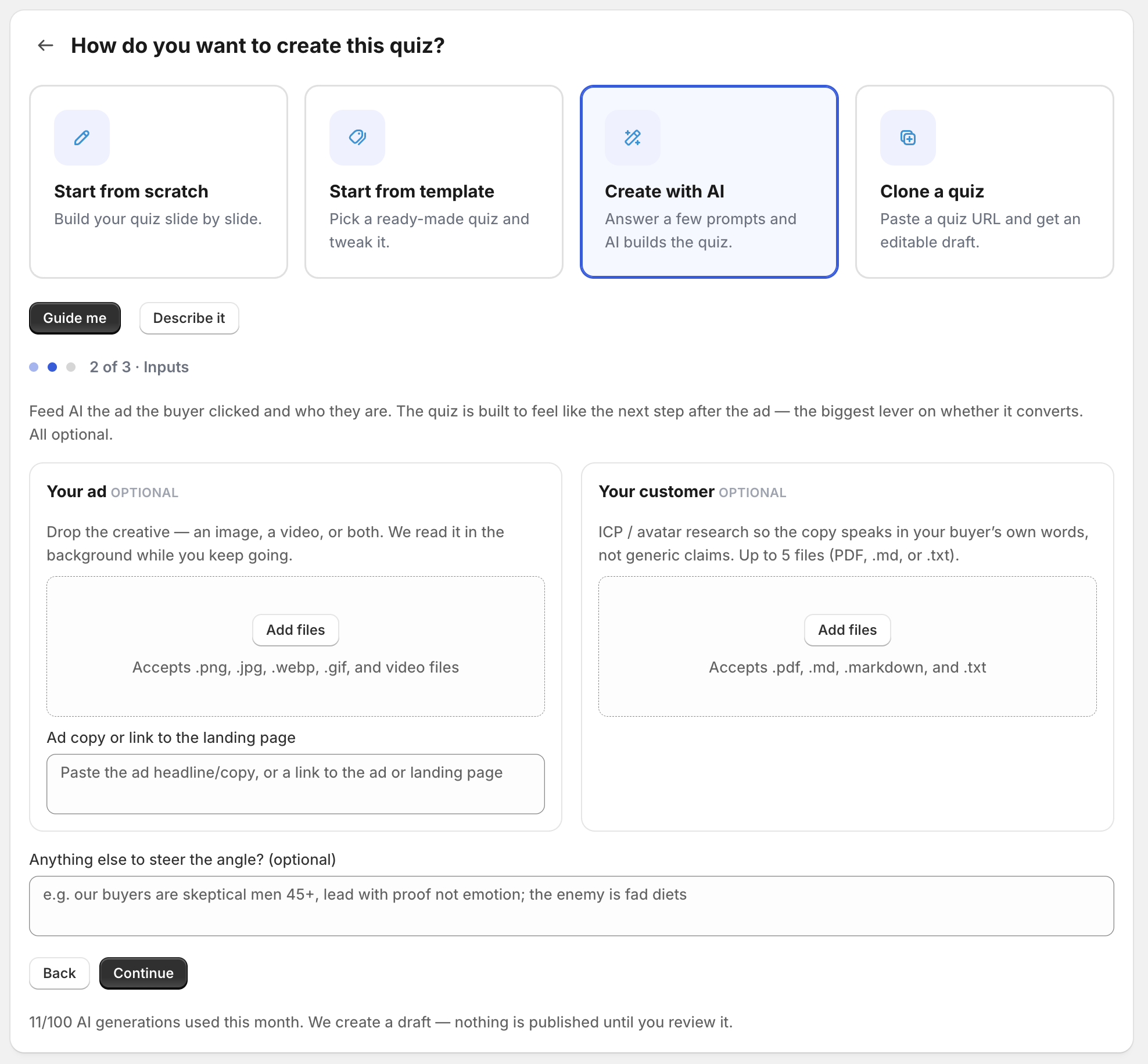 QuizLanding's "Create with AI" flow — describe your store or hand it your ad, and AI drafts the quiz