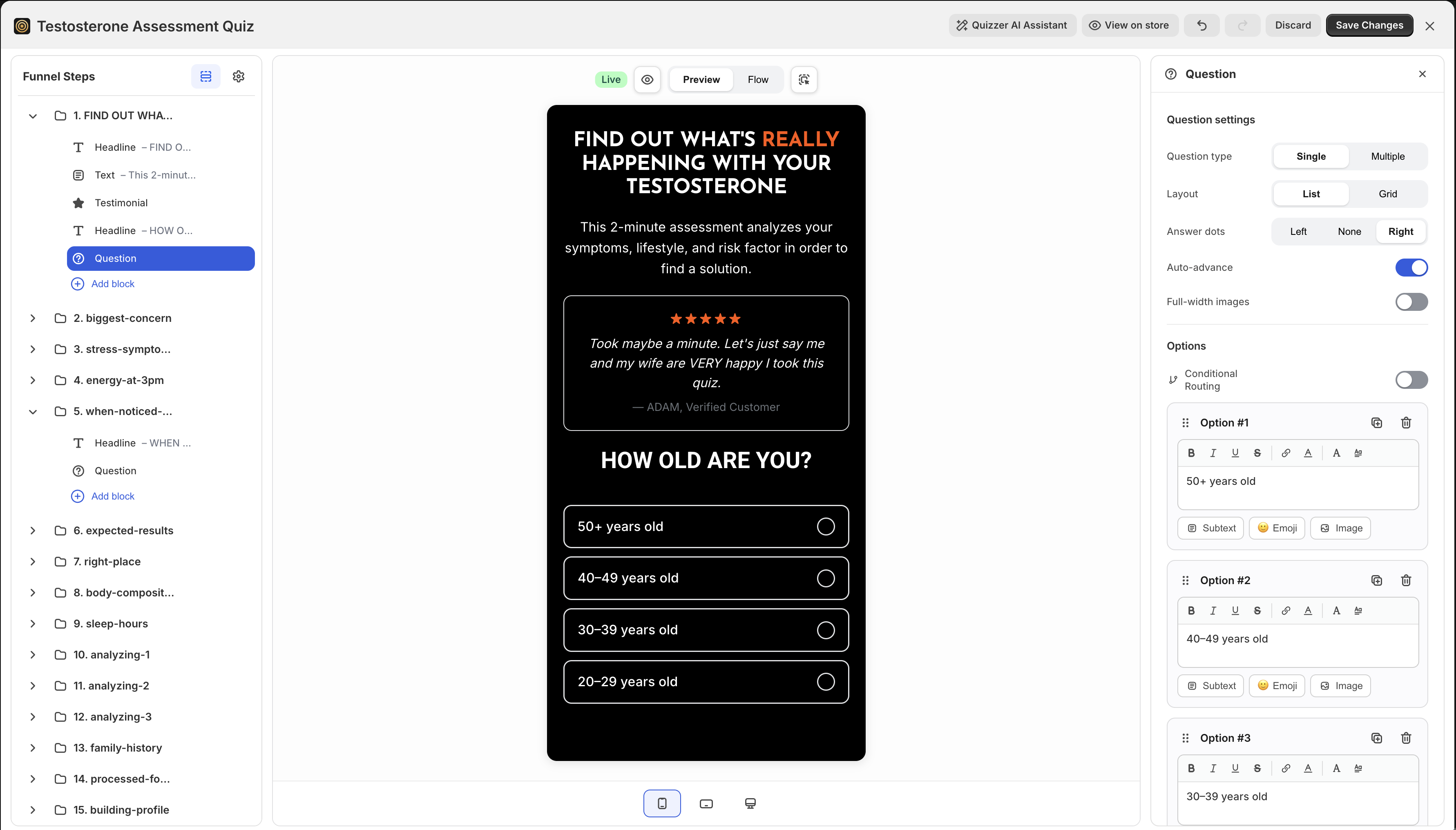 QuizLanding's no-code editor with funnel steps, live preview, and conditional routing