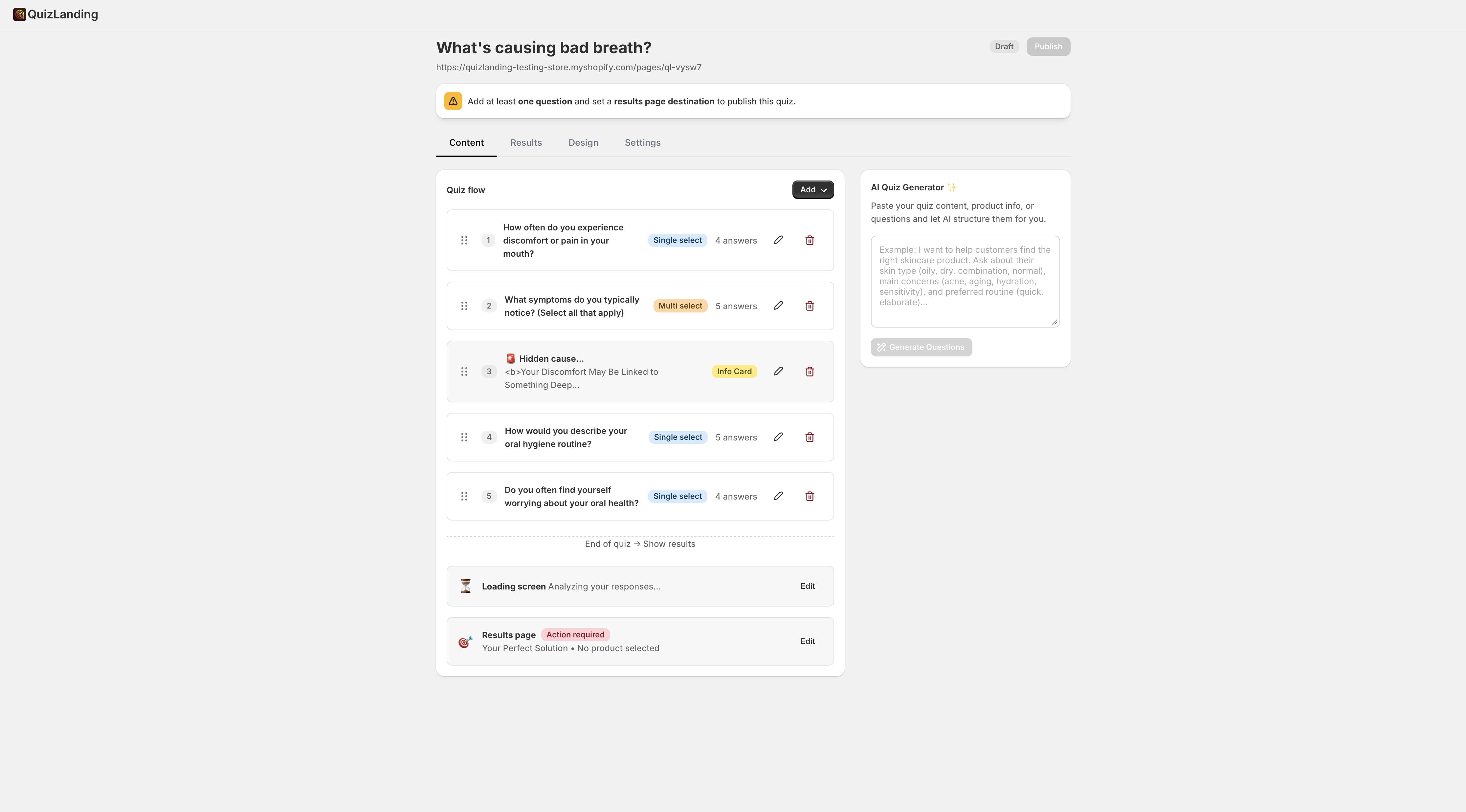 QuizLanding quiz builder interface showing drag-and-drop question flow with AI quiz generator